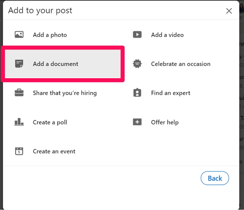 Where to locate the "Add a document" option in LinkedIn post settings.