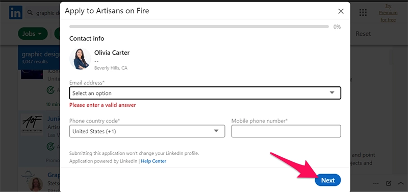 Where to click the "Next" button in the "Easy Apply" menu on LinkedIn.