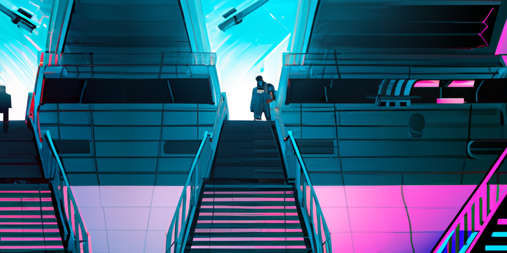 A stock photo of a person looking up at flight of stairs, presumably pondering a shift in their career journey2