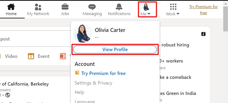 Where to locate the "View Profile" button on LinkedIn.