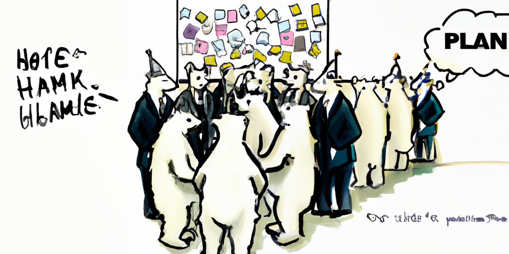Image of a diverse group of professionals brainstorming and problem solving together. There are post-it notes, whiteboards, and planning tools around them. They are all actively engaged in discussion.3