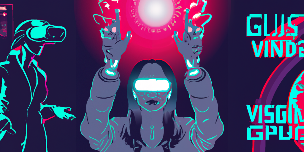 Image shows a woman wearing a virtual reality headset and gesturing with her hands2