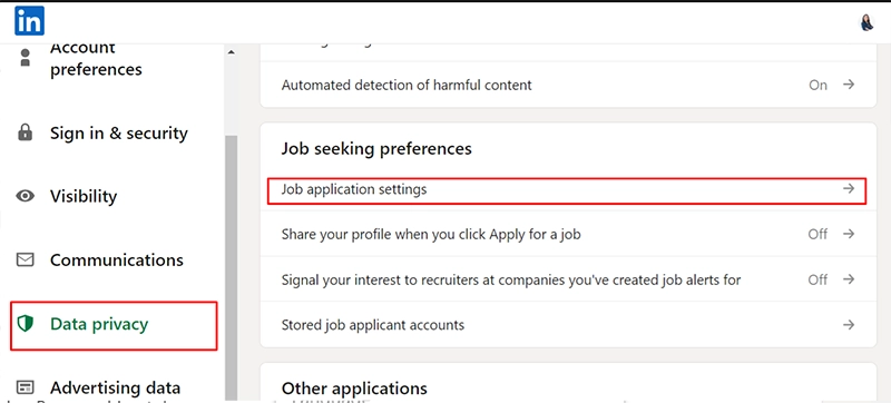 Where to locate the "Job application settings" button on LinkedIn.