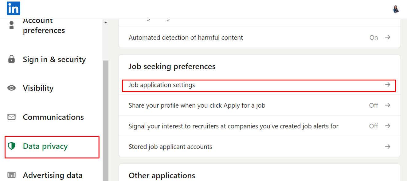 job application settings
