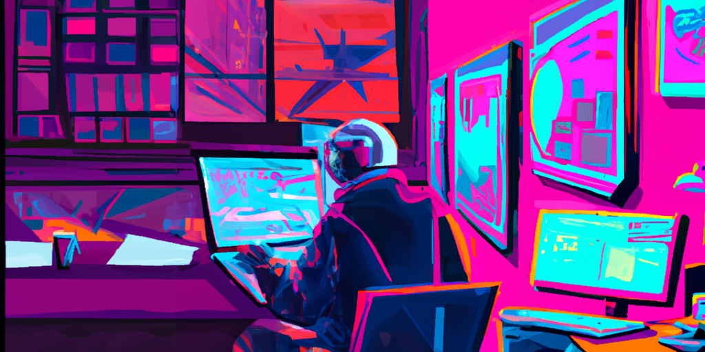 Image shows a busy professional managing work on his laptop while also engaged in his hobby of painting.2