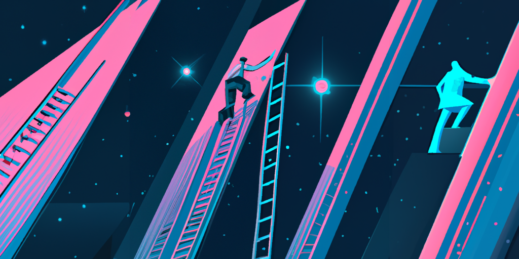 Illustration of an individual climbing a ladder, representing career advancement by taking initiatives and offering assistance beyond regular duties.2