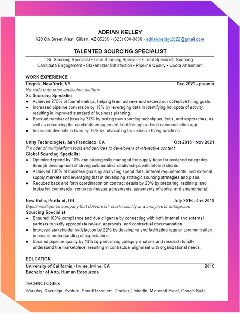 example of a sourcing specialist resume