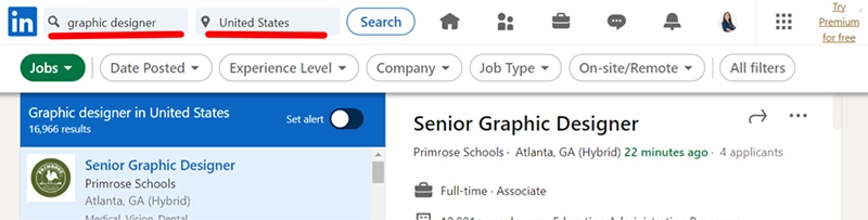 Where to filter jobs in the search bar on LinkedIn.