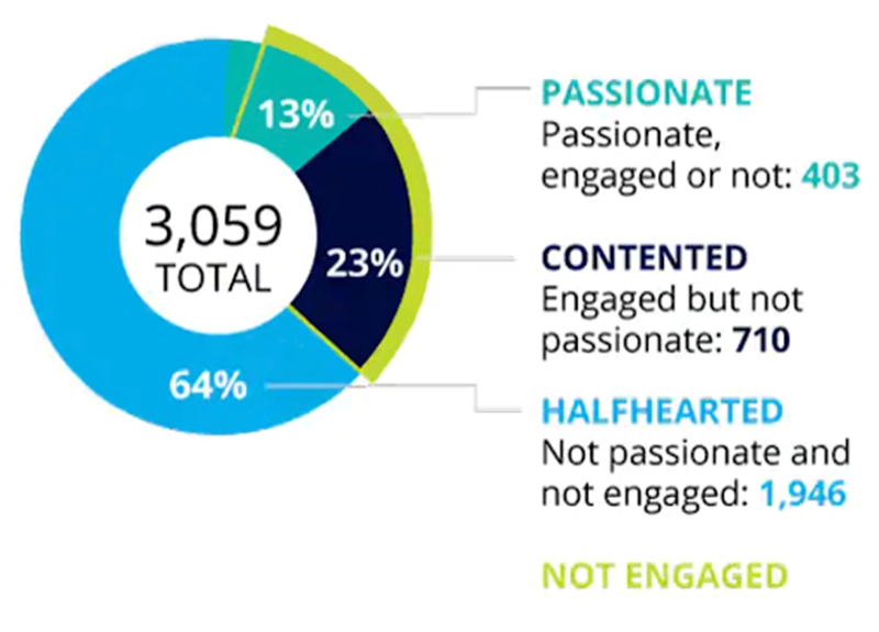 pie chart showing percentage of workers that are passionate, contented, halfhearted, and not engaged
