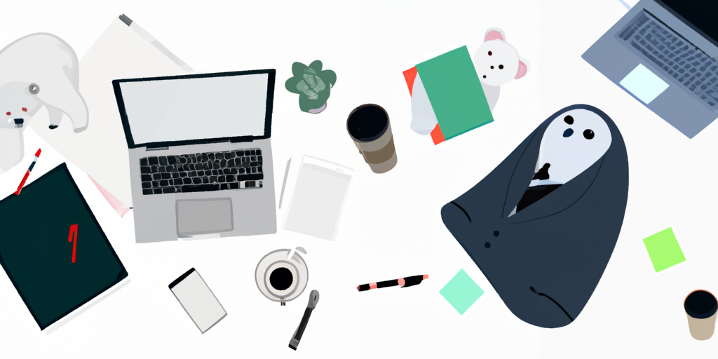Image shows a neatly organized workspace from a top view. It features a laptop, notepad, cup of coffee, a green plant, and some desk accessories.3
